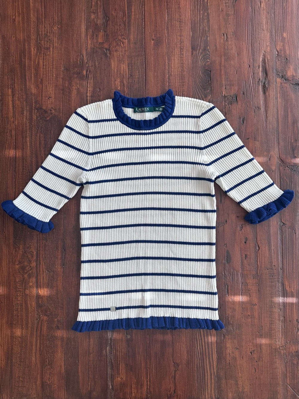 Lauren Ralph Lauren Striped Ruffle Trim Knit Short Sleeved Sweater Size Petite M